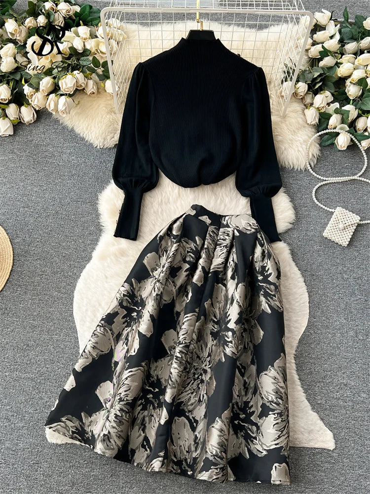 Fashion Lantern Sleeve Loose Pullovers+ A Line Long Skirts Print Knitted Two Piece Set  Milanni Fashion   