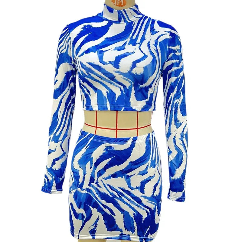 Graphic Print Buttoned Shirt & Striped Asymmetrical Skirt Women's 2-Piece Set  Milanni Fashion Blue M 