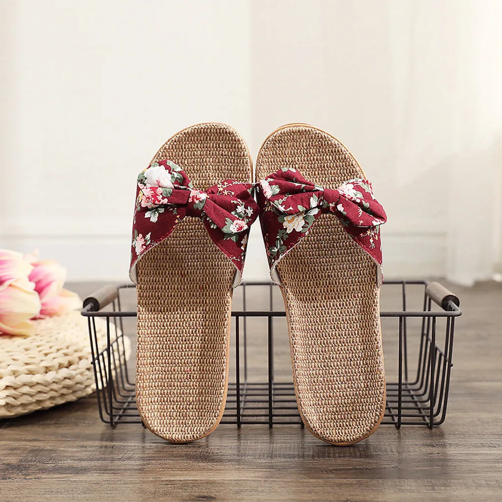 Women Summer Casual Slides Comfortable Flax Slippers Floral Bow Linen Flip Flops  Milanni Fashion   