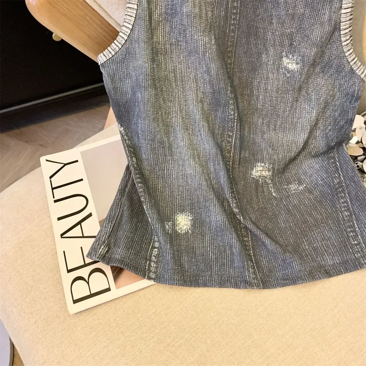 Retro Imitation Denim Printed Suspender Vest Slim Fit Skinny Short Top Stylish Women's Casual Wear Milanni Fashion