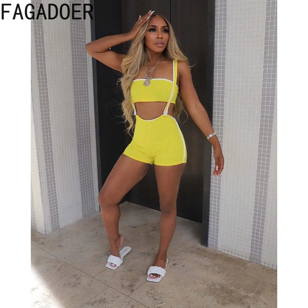 Fashion Stripe Stitching Shorts Two Piece Set Women Sleeveless Backless Tube And Strap Shorts Outfit  Milanni Fashion   