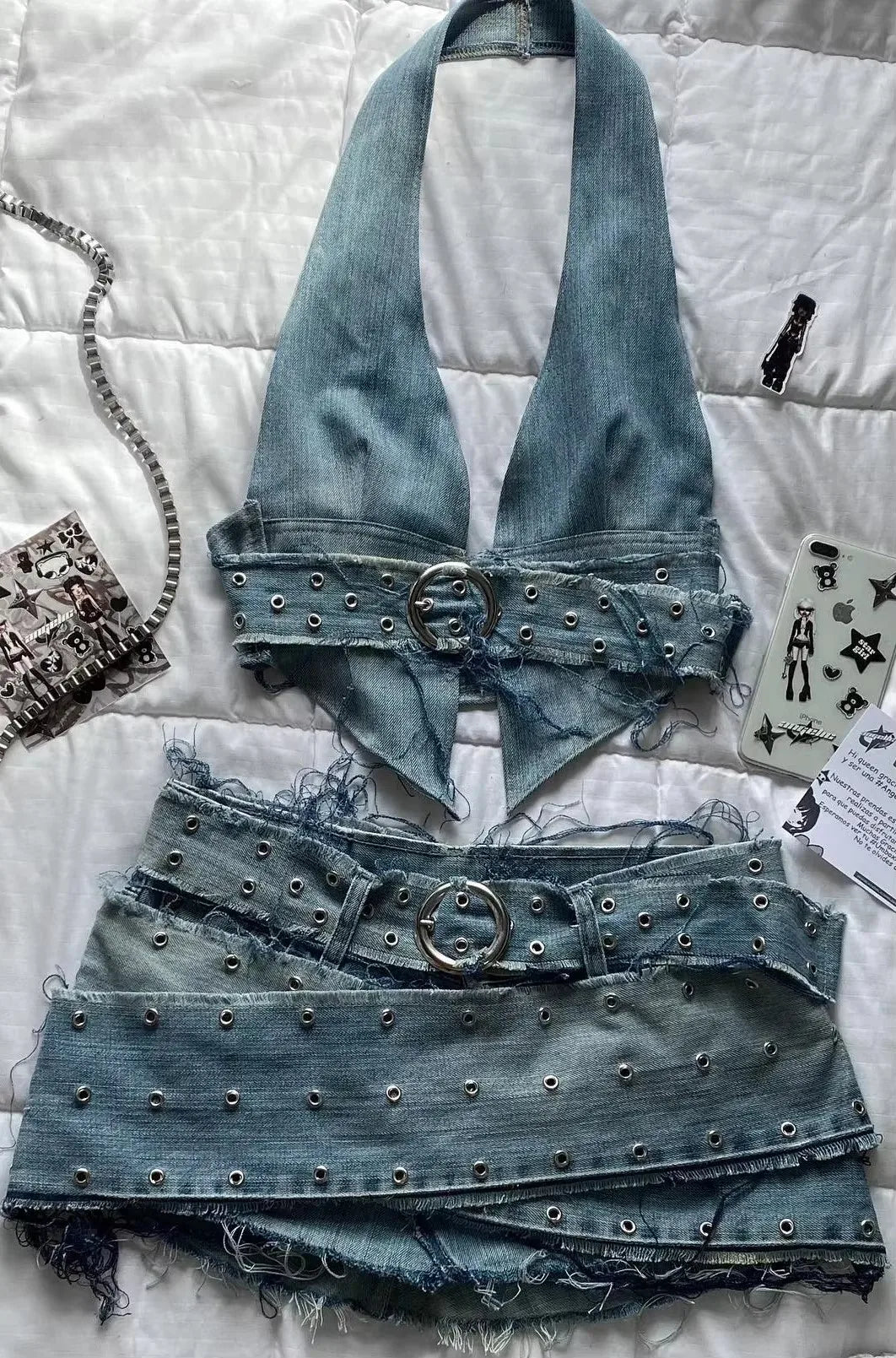 Retro Graphic Patch Skirt & Suspender Slim Top Hip Hop Denim Outfit Women's Two Piece Set Fashion Milanni Fashion Blue S