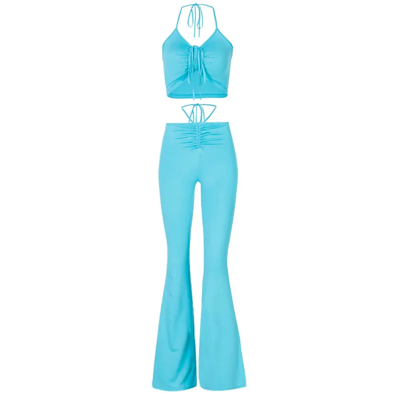 Chic 2000s Streetwear Bandage Blue Co Ord Set Halter Drawstring Top and High Waist Flare Pants Milanni Fashion