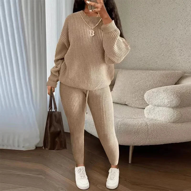 2024 Winter Two Piece Set Women Clothing Casual Solid Round Neck Pullover Loose Pit Knitted Sweater Pants Suit  Milanni Fashion TZ212-2 XL 