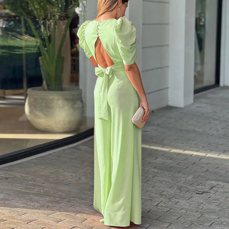 Elegant Chiffon Midi Shirt Jumpsuit for Women Deep V-Neck Backless Puff Sleeves Slim Bow Casual Office Party Wear Milanni Fashion