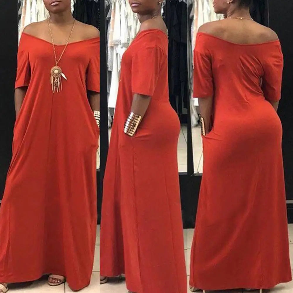 Ladies Fashion Loose Sexy V-Neck Fall Clothes Casual Maxi Solid Color Plus Size Long Dress Maxi Dress Milanni Fashion   