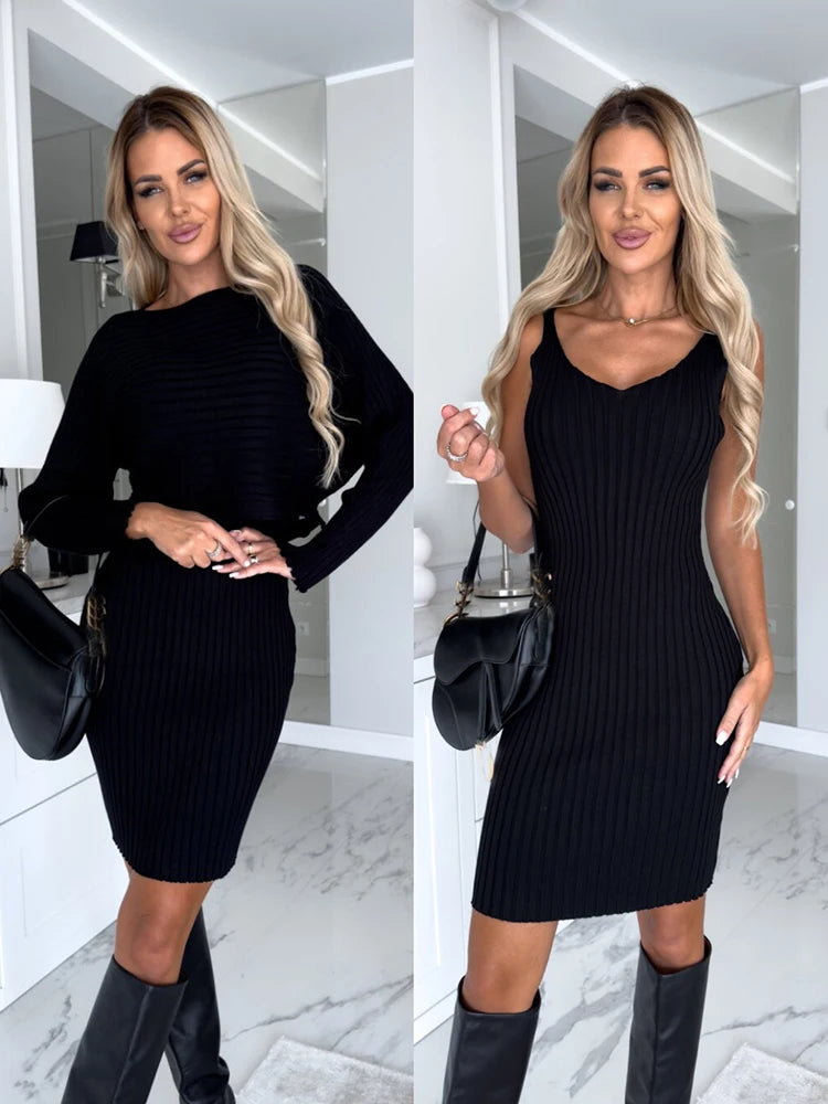 Fashion Long Sleeve Knitted Sweater And Dress Two Piece Set For Women  Milanni Fashion black M 