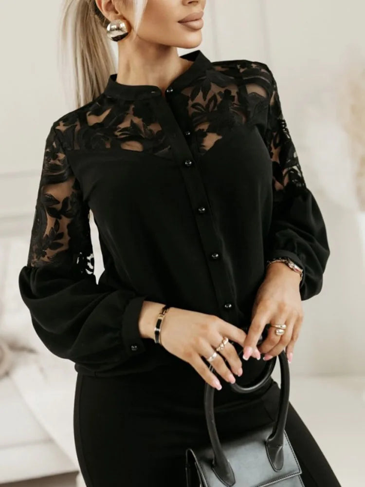 Lace Patchwork Hollow Out Shirt Women's Fashion Long Sleeve Top Stylish and Elegant Casual Wear Milanni Fashion