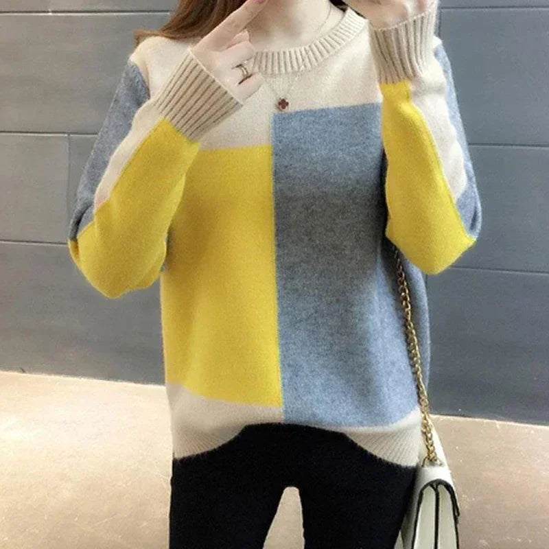 Knitted Ribbed O-Neck Color Contrast Sweater Loose Long Sleeve Wool Pullover Stylish Warm Top for Women Milanni Fashion