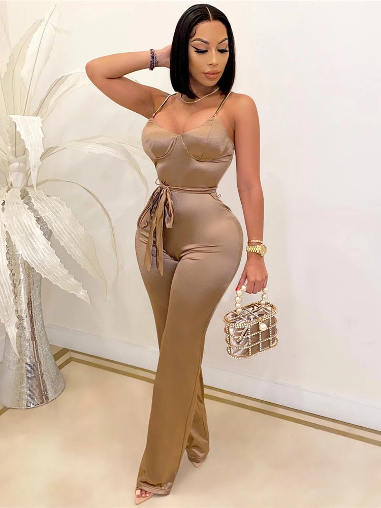 Sexy Sleeveless Jumpsuit Clubwear Elegant Party Rompers High Waisted Wide Leg Pants One-Piece with Belt Milanni Fashion