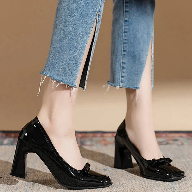 Square Toe High Heels Bow Leather Chunky Loafers Luxury Pumps Stylish Elegant Shoes for Women Milanni Fashion