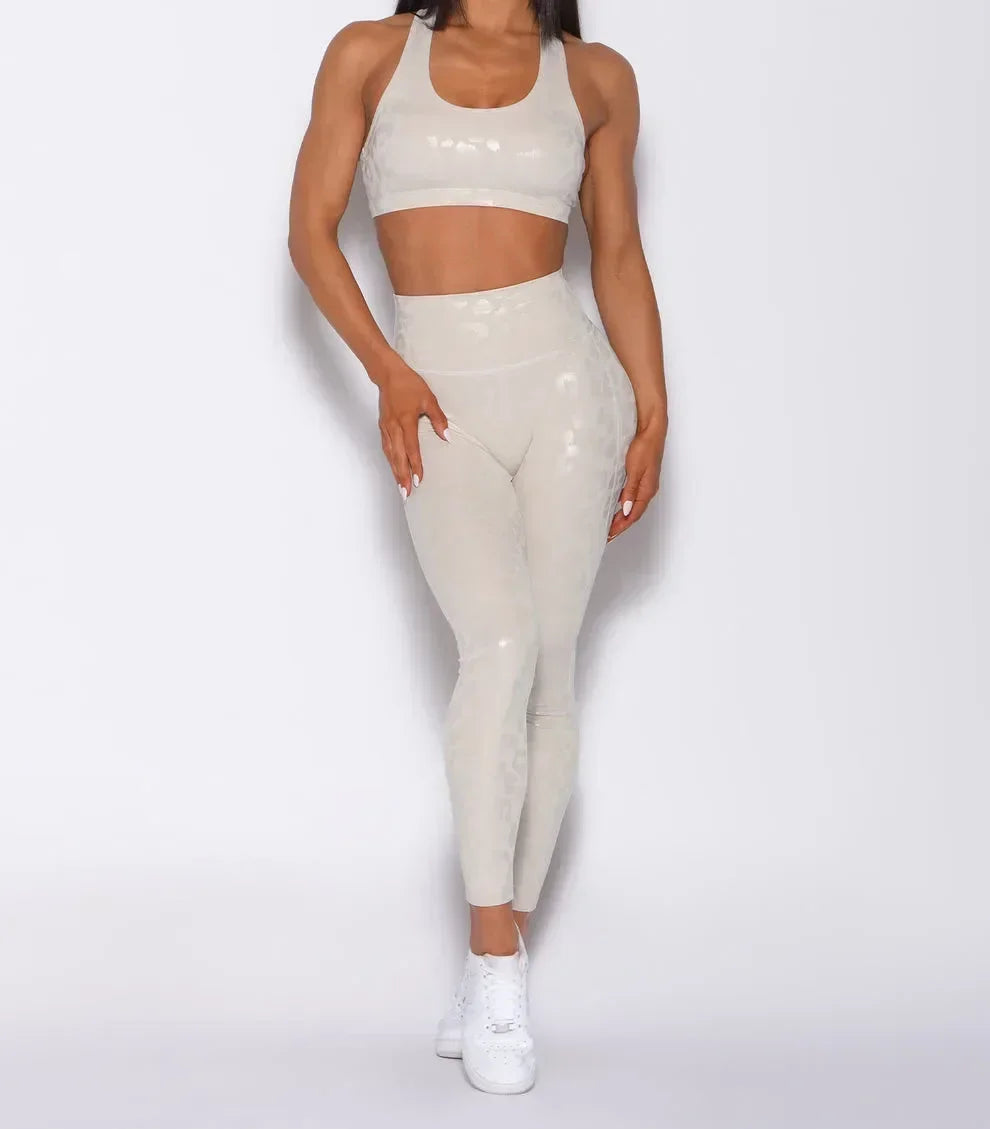 Shiny Fitness Vest & High-Waist Hip-Lift Leggings Two Piece Yoga Outfit Leopard Foil Activewear Set Milanni Fashion Cream XS