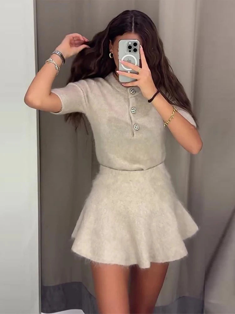 Casual Knitted O-neck Short Sleeve Single Breasted Crop Sweater & A-line Mini Skirt Set  Milanni Fashion   