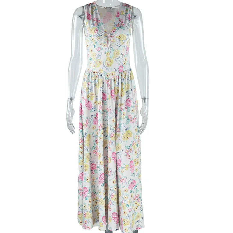 Ladies Street Pastoral Holiday Dress Fall Floral Sleeveless V-Neck High Waist A-Line Dress Maxi Dress Milanni Fashion   