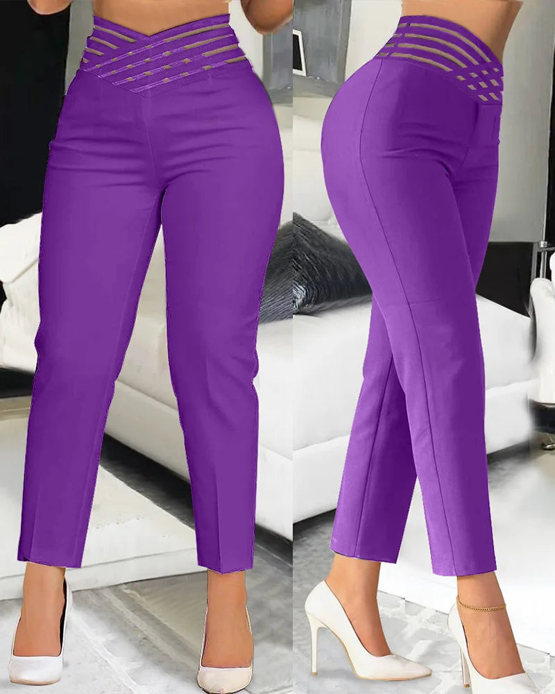 Loose Fit Overlap Waist Hollow Out Office Capri Solid Color Chic Capri Pants for Women Stylish Comfort Milanni Fashion