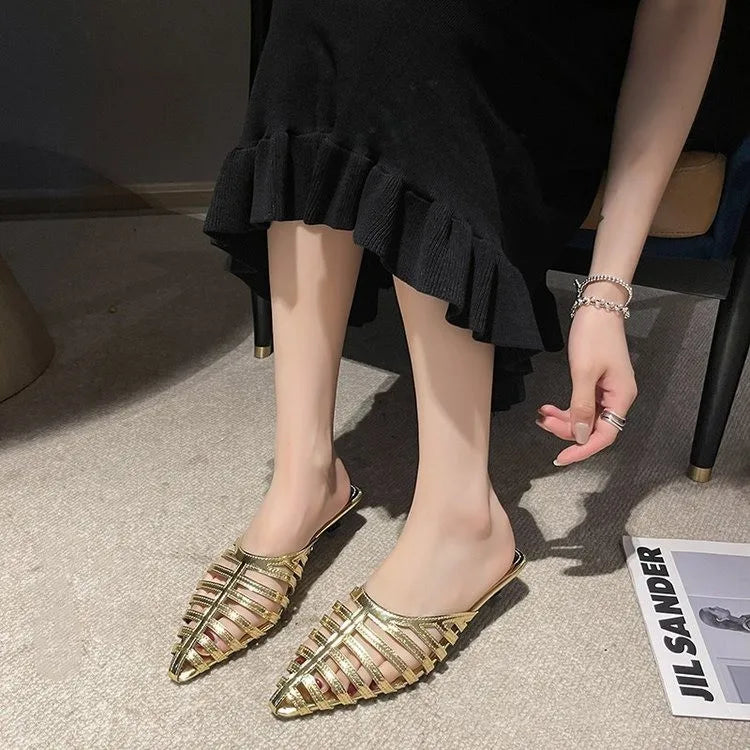 Elegant Luxury Slides Cover Toe Beige Heeled Sandals Designer Black Fretwork Thin Flat Shoes for Women Milanni Fashion