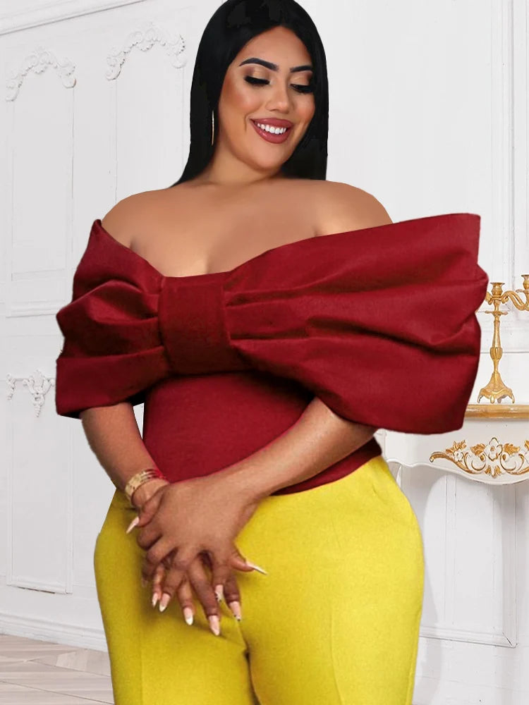 Plus-Size Strapless Off-Shoulder Crop Top Red Ruffle Bowtie Blouse for Curvy Women Milanni Fashion