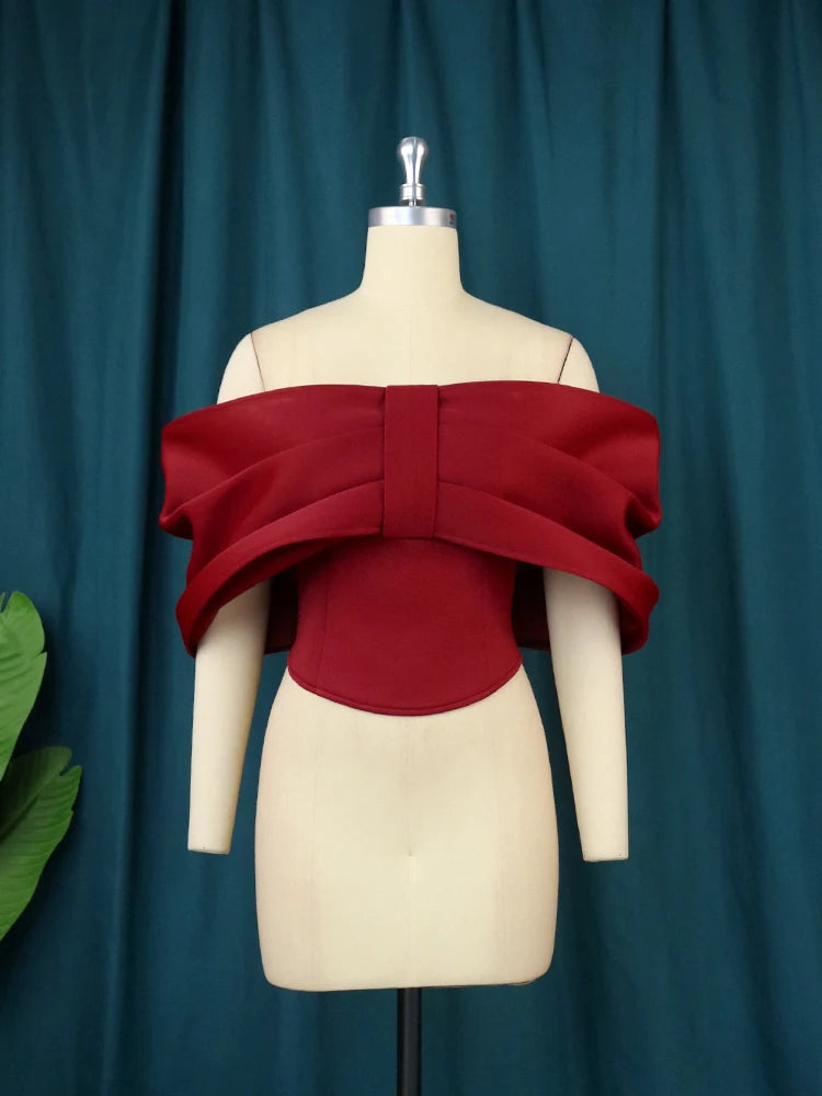 Plus-Size Strapless Off-Shoulder Crop Top Red Ruffle Bowtie Blouse for Curvy Women Milanni Fashion