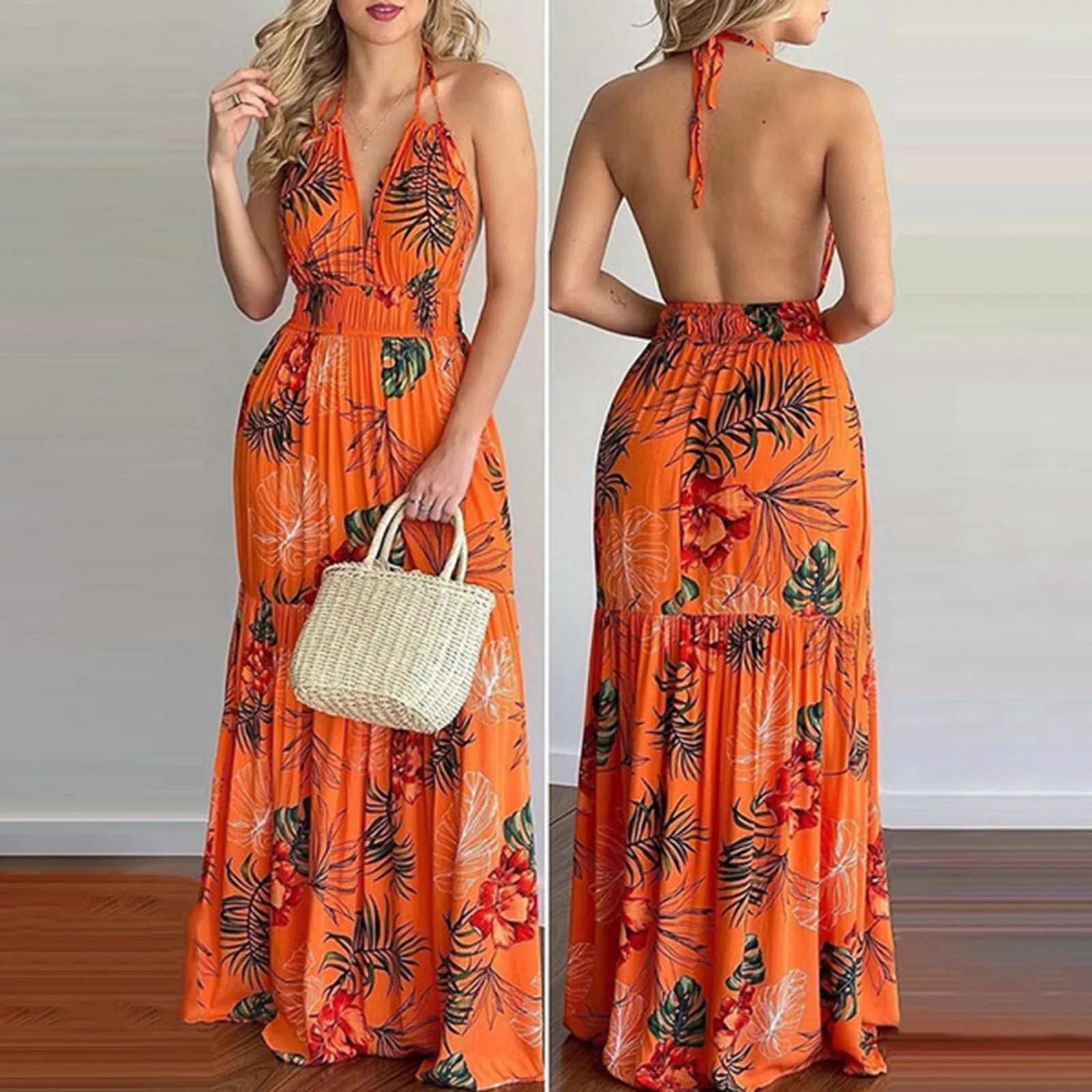 Bohemian Floral Casual Dress Sexy Backless Halter Strapless Beach Sundress Maxi Dress Milanni Fashion   