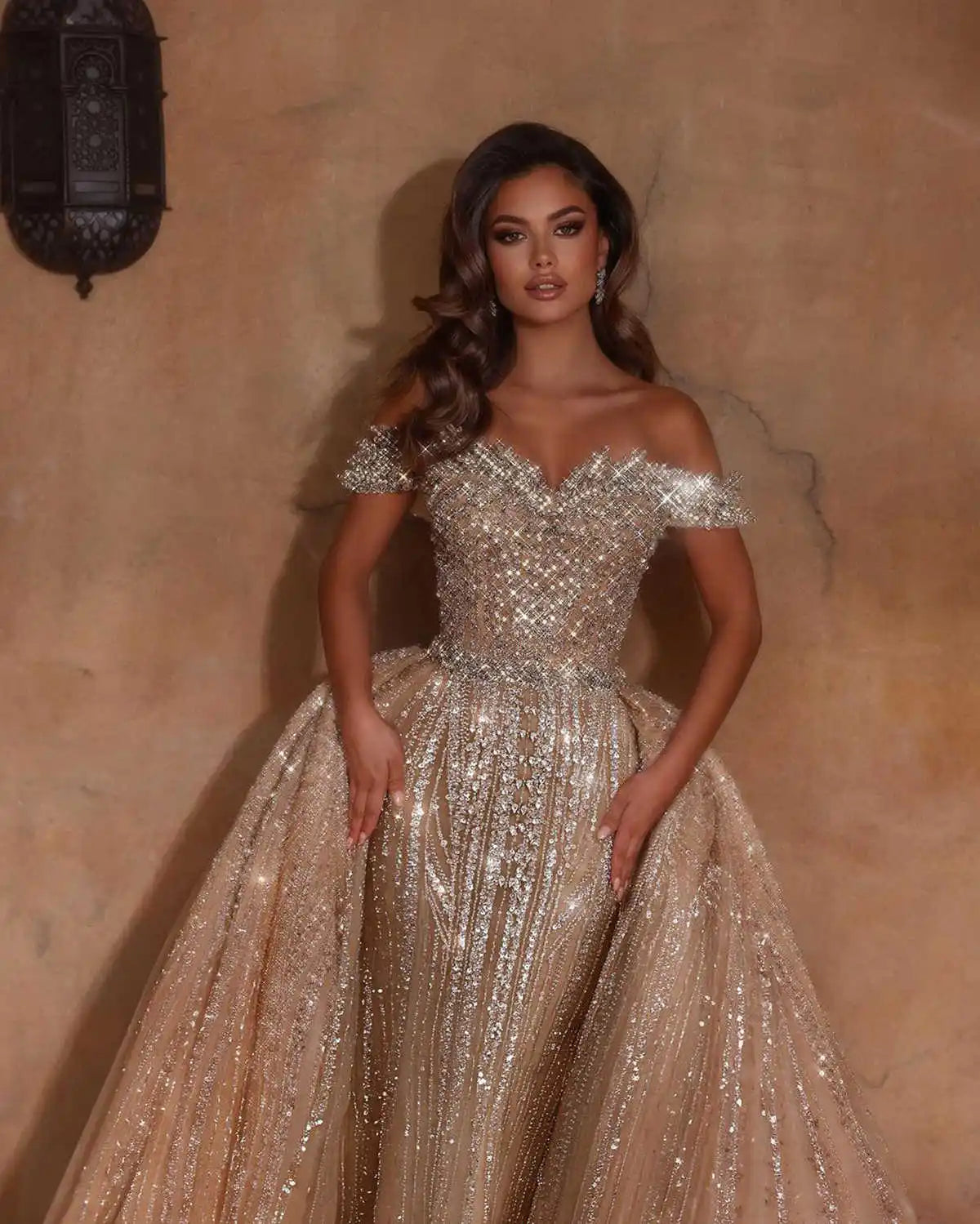 Luxurious Crystal Off Shoulder Bridal Gown Detachable Train Sequins Beading Bride Prom Dress Elegant Maxi Dress Milanni Fashion