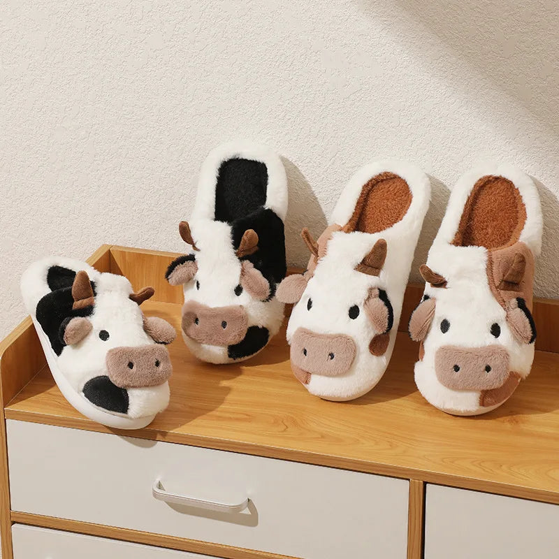 Cute Fluffy Cow Slippers Kawaii Winter Warm Cartoon Milk Cow House Slippers Cozy Footwear for Women Milanni Fashion