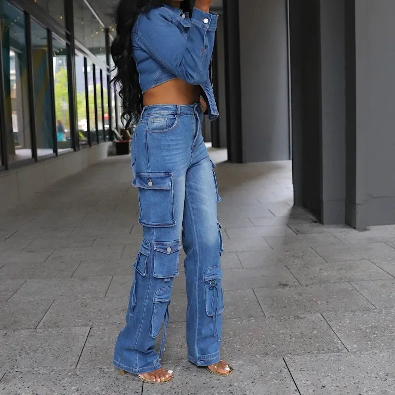 Long Sleeve Single Breasted Irregular Jacket Crop Top And Multi Pockets High Waist Cargo Pants Denim 2 Piece Set  Milanni Fashion   