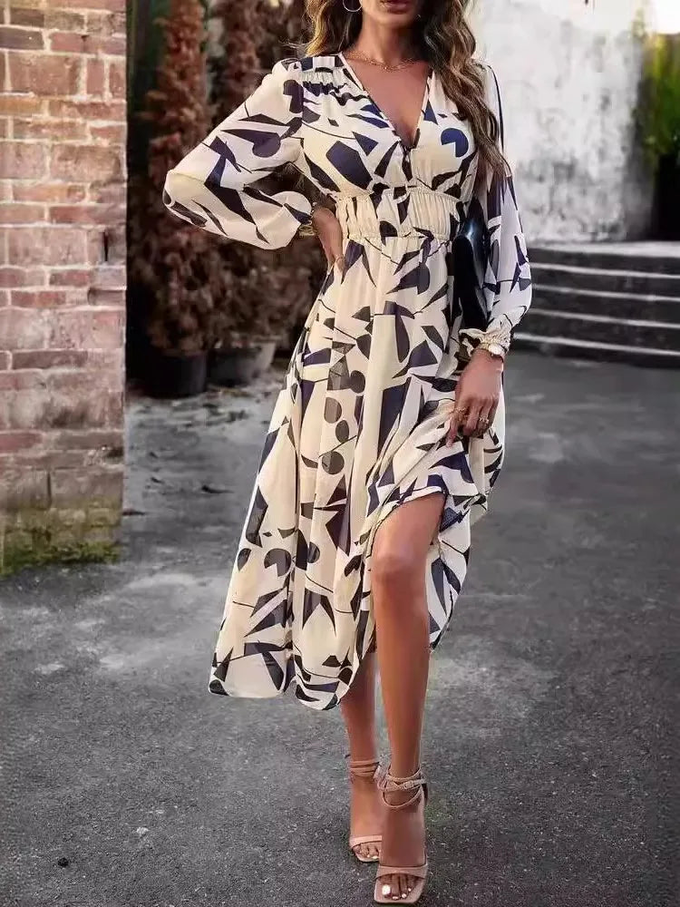 Women's 2024 Sexy V-neck Long-sleeved Dress Fashionable Floral Bohemian Resort Style Elegant Dress  Milanni Fashion   