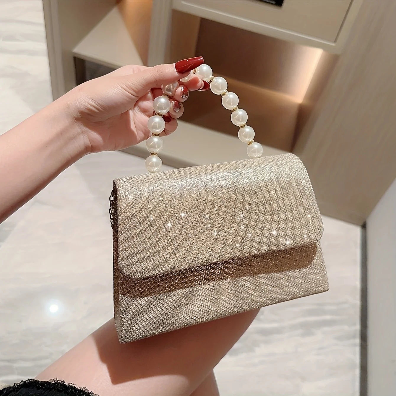 Rhinestone Purse Bag Square Pearl Shiny Flip Bridal Clutch Bag Elegant Wedding Evening Accessory Milanni Fashion