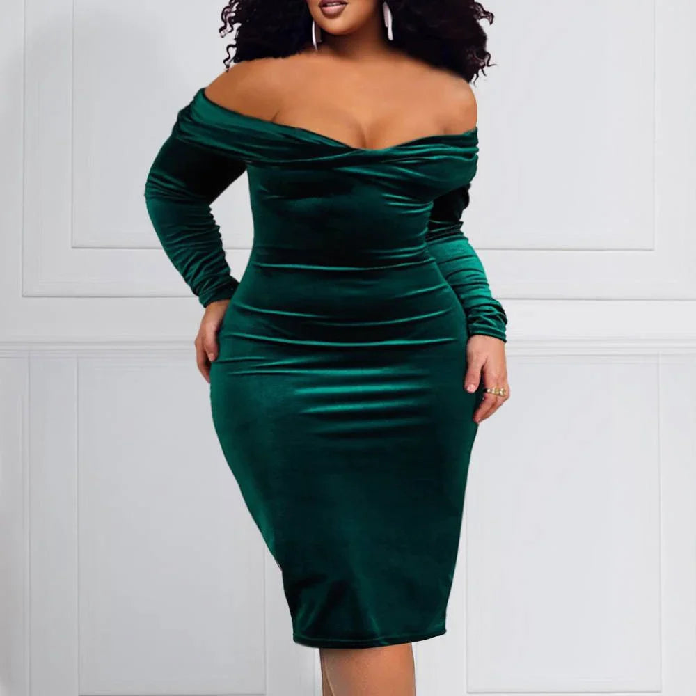 Plus Size Semi Formal Midi Dress Elegant Fall Winter Off Shoulder 3/4 Sleeve Velvet Evening Dress Milanni Fashion