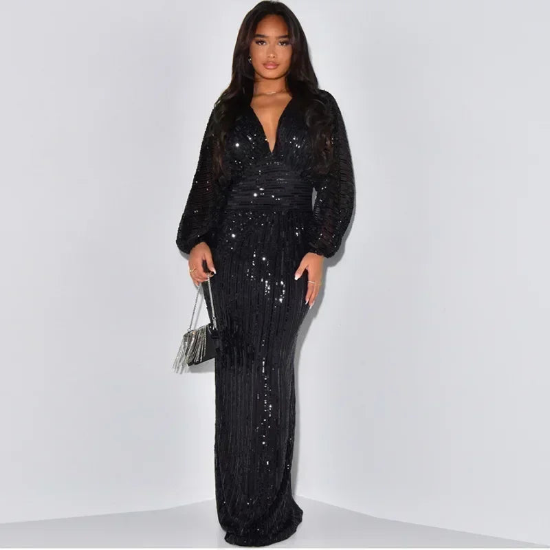 Sequin Party Dress Women Deep V Neck Long Sleeve Empire Floor Length Sparkly Cocktail Prom Evening Gowns Fall 2024 Maxi Dress Milanni Fashion black S CHINA