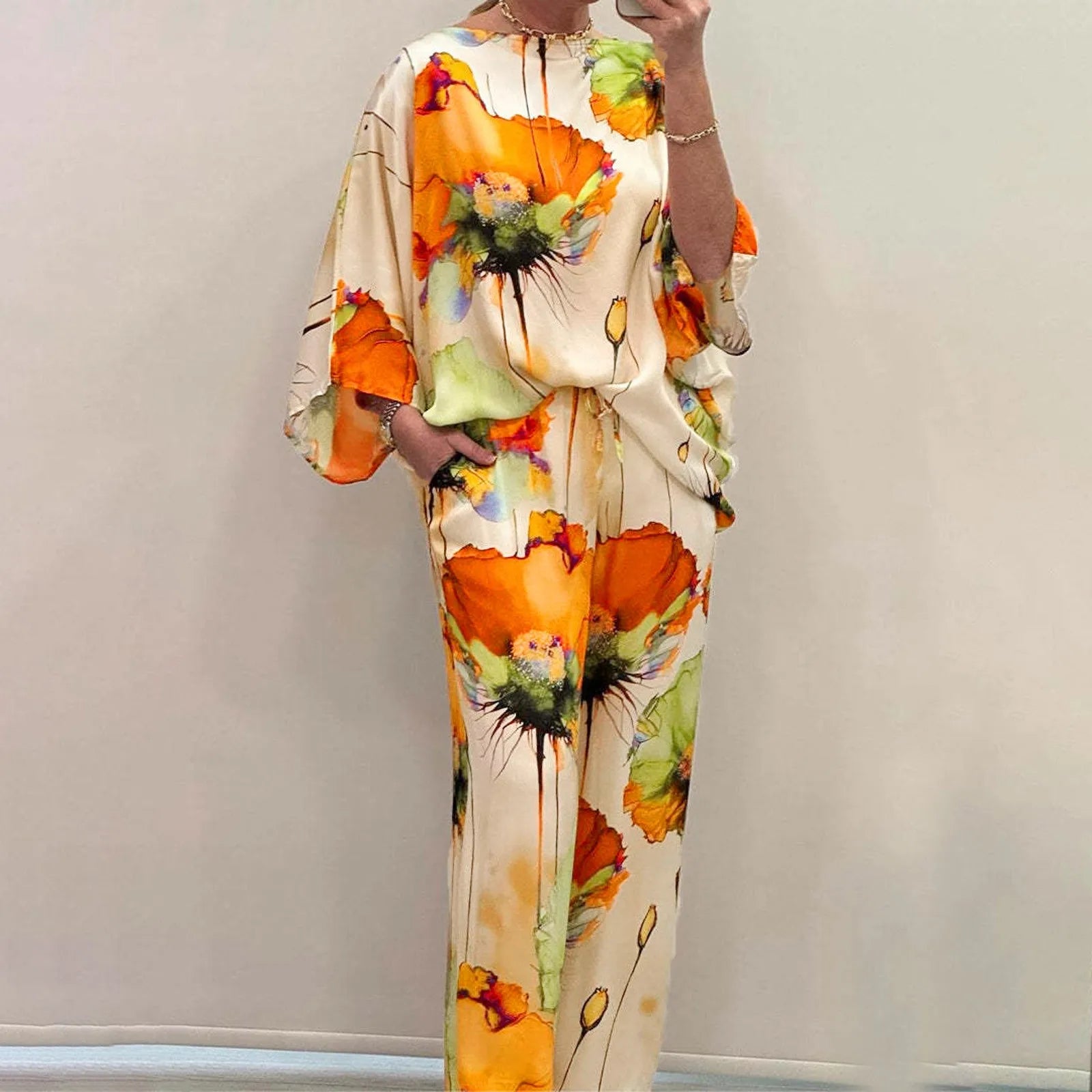 Fashionable Printed Top And Long Trouser Pant Two Piece Set for Women Two piece set Milanni Fashion Orange XL United States