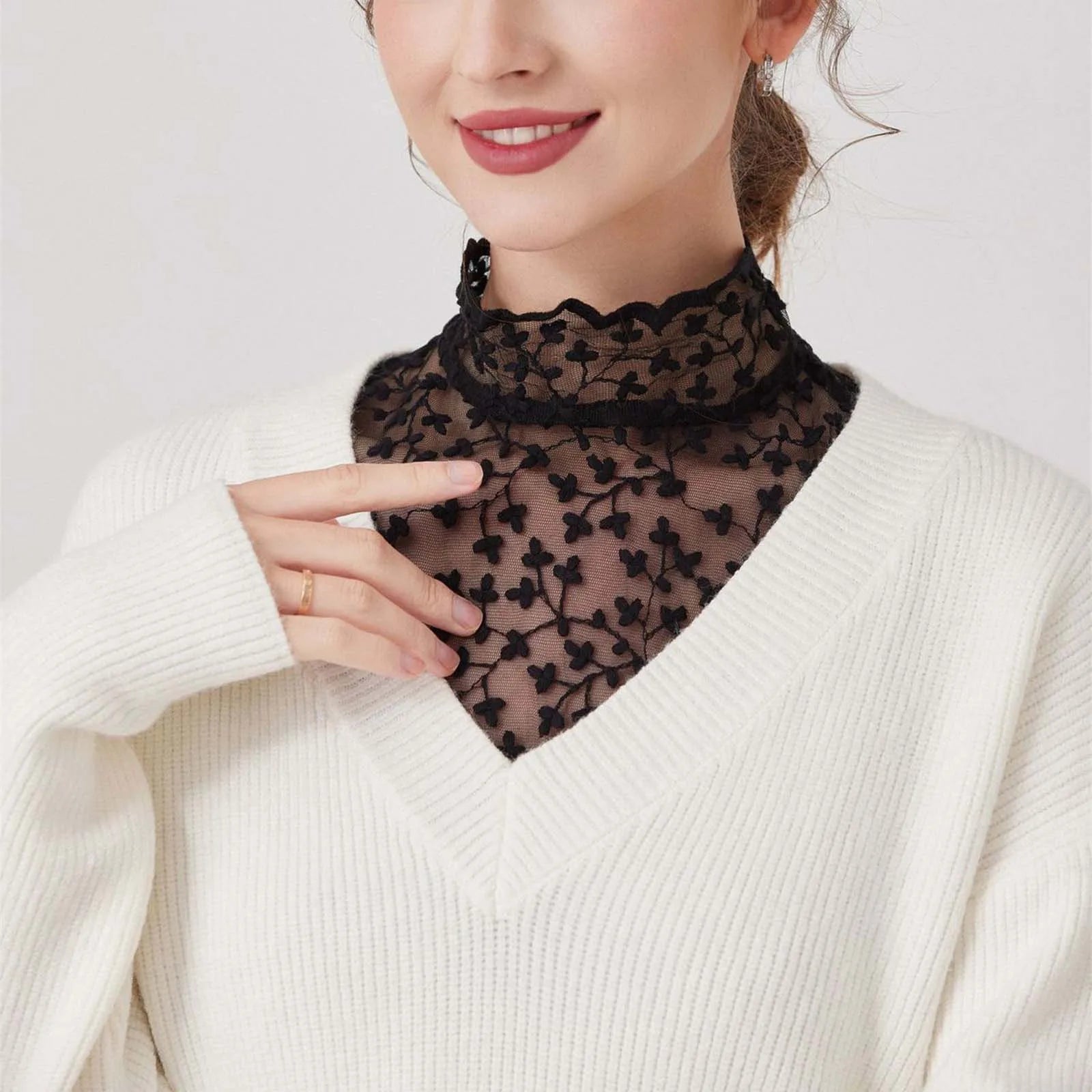 Women's Lace Flower Blouse Petal Fake Collar Playful And Cute Solid Color Top  Milanni Fashion Black One Size CN