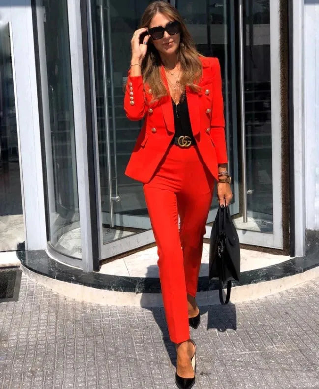 Blazer Button Splice Coat & Straight Pant Elegant Office Lady 2 Piece Set  Milanni Fashion red M 