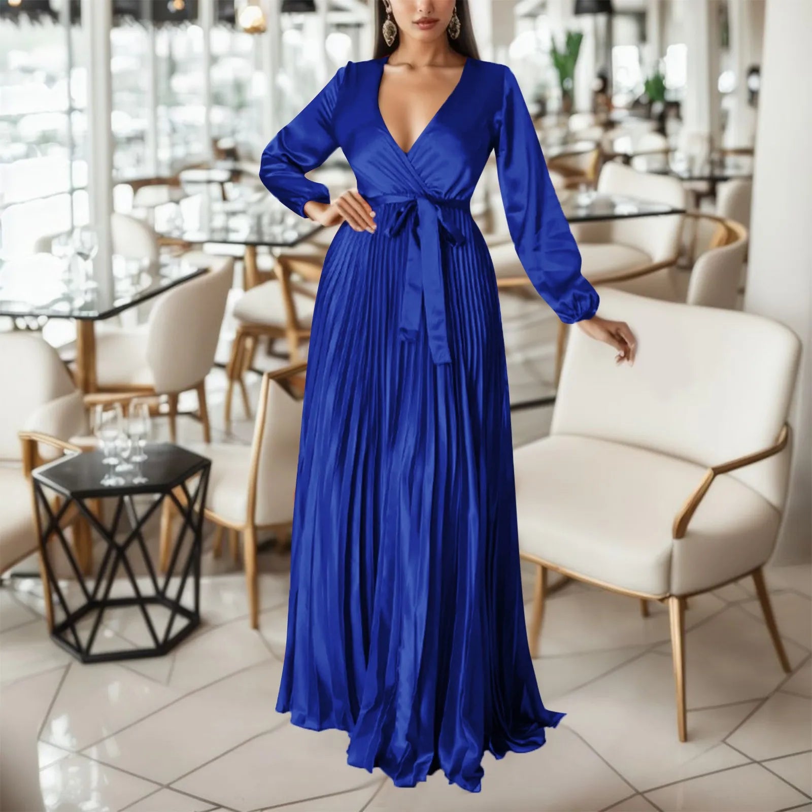 Sexy Pleated Evening Party Dress Women Solid Color Elegant Robe with Belt Maxi Dress Milanni Fashion   