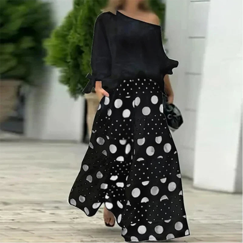 Solid Color Nine-quarter Sleeve Slant Collar T-Shirt Women Two Piece Set Dot Prints Multi-layer Splice Cake Skirt Suit Milanni Fashion