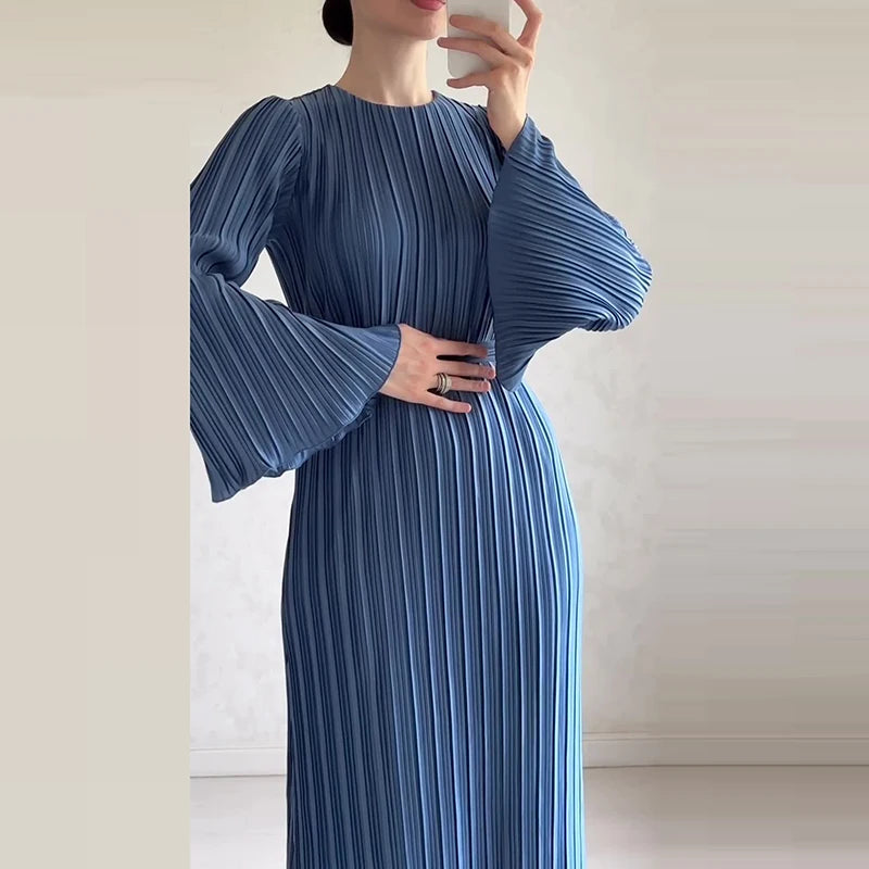 O Neck Pleated Party Dress Solid Color Flared Sleeve Gentle Temperament Elegant Dress for Women Milanni Fashion