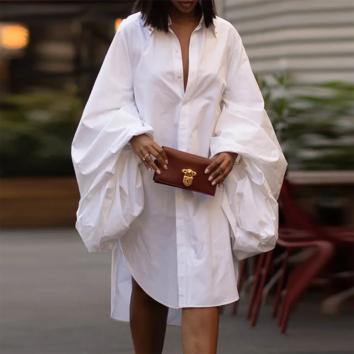 Fashion White Statement Puff Sleeves Loose Pleated Split Side Solid Color Lapel Collar Midi Dress Women Milanni Fashion