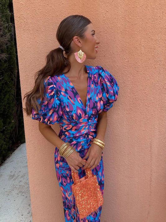 Monika | Women's Summer Printed Midi Dress with Puff Sleeves