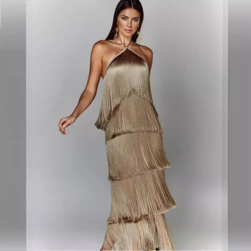 Fashion Neck Fringed Backless Slit Dress Elegant Stylish Sleeveless Gown Perfect For Events Maxi Dress Milanni Fashion   