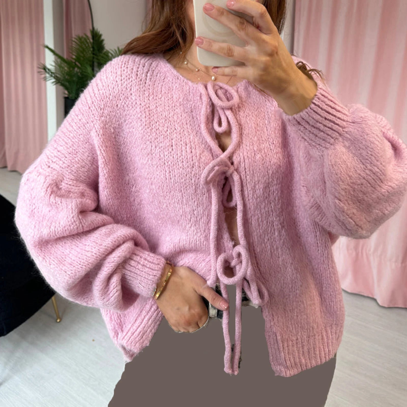 Women's Vintage Sweater Clothes Fall Tie Front Sweater Solid Color V-Neck Long Sleeve Loose Knitwear Soft Cardigan  Milanni Fashion   