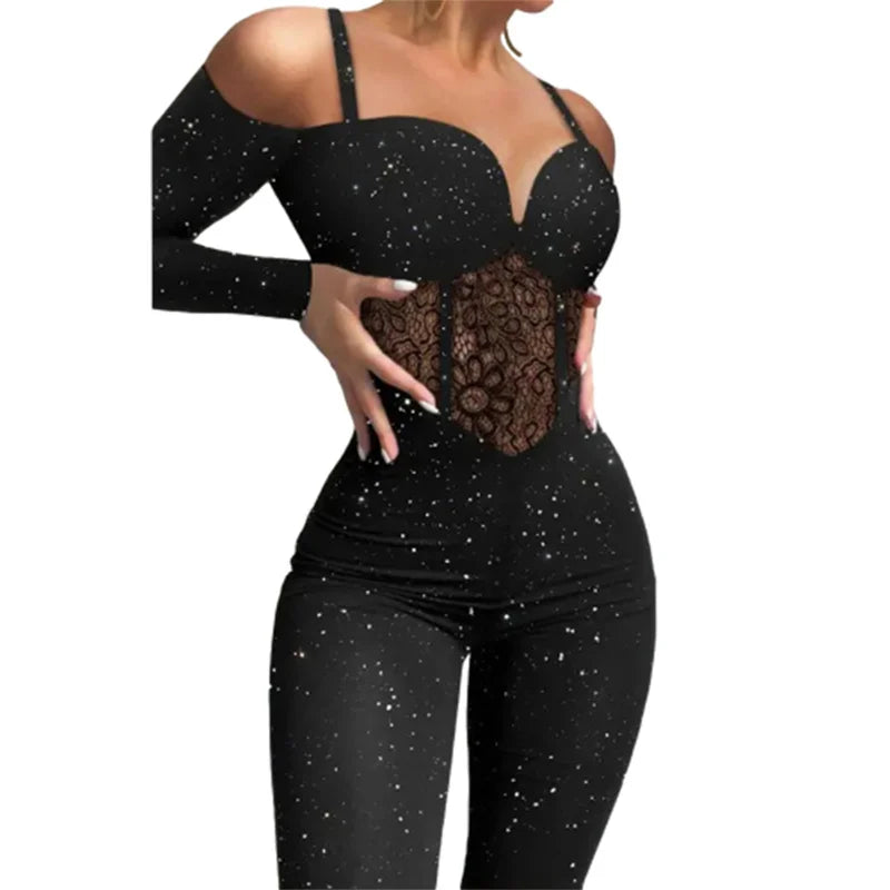 Lace See-Through Suspenders Long Sleeve Jumpsuit for Women Sexy Off-The-Shoulder Slim Glitter Romper Milanni Fashion