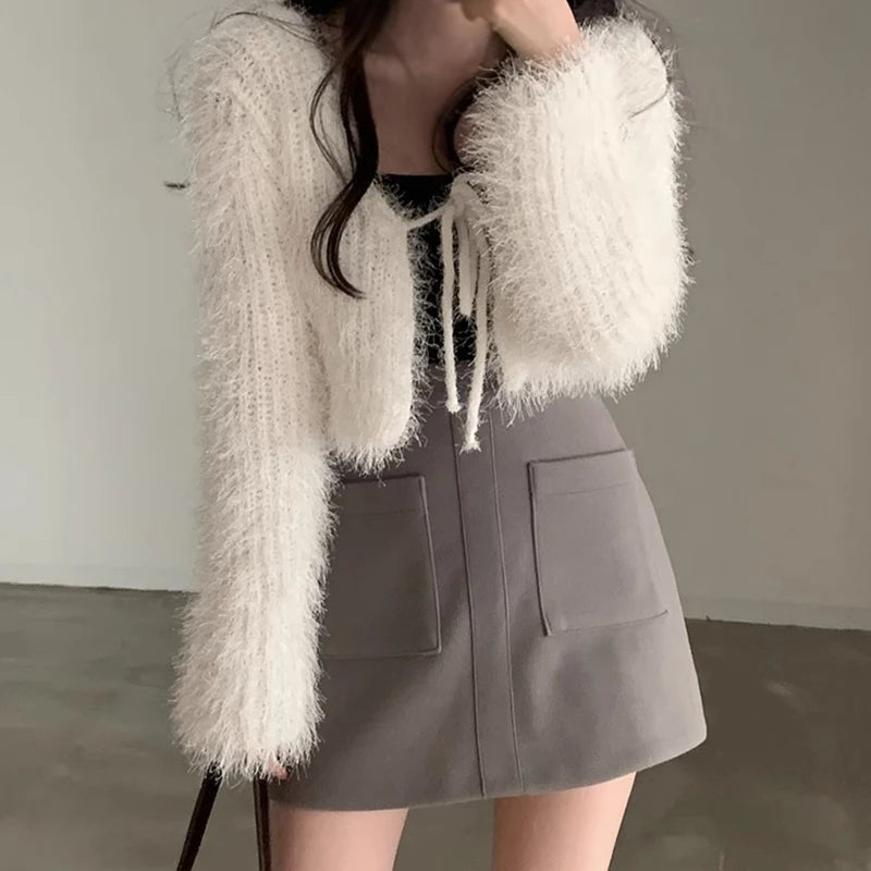 Loose Fit Knitted Sweater Solid Color Sexy Mink Velvet Autumn and Winter Short Cardigan for Women Milanni Fashion