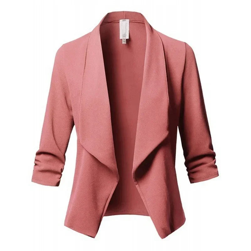 Thin Blazer Cardigan Coat Long Sleeve Women Ruched Asymmetrical Casual Blazer Stylish Outerwear Milanni Fashion Pink S