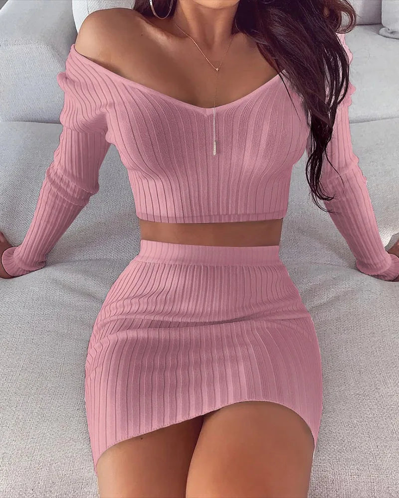 Striped Knit Two-Piece Set Soft V-Neck Off Shoulder Slim Fit Suit for Women Stylish Casual Outfit Milanni Fashion Pink XL