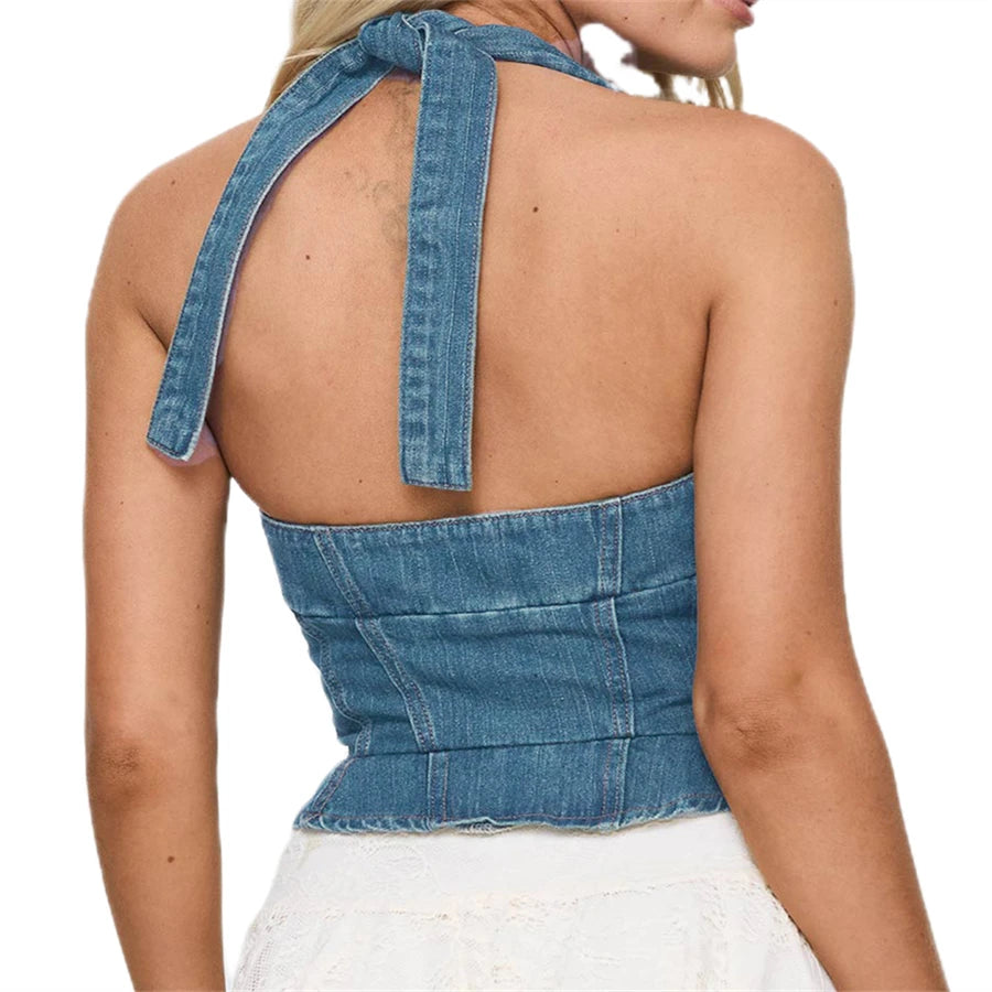 Halter Neck Denim Vest Sleeveless V-Neck Button Up Jean Waistcoat Cropped Tank Top for Women Milanni Fashion