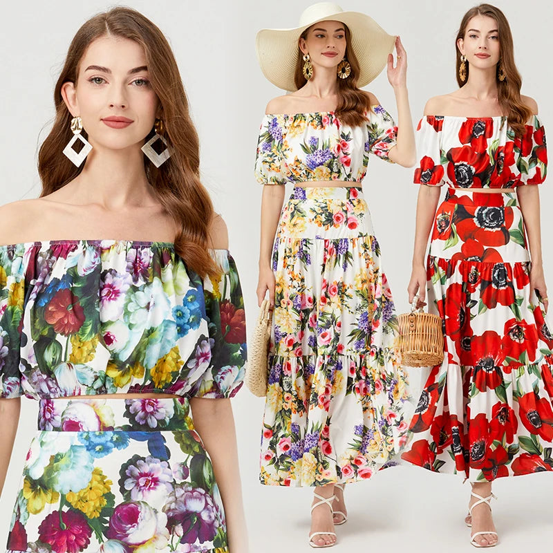 Summer Runway Designer Floral Print 2-Piece Set Slash Neck Cropped Top & Maxi Skirt Milanni Fashion