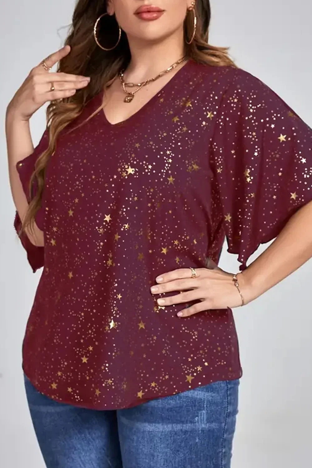 Plus Size Christmas Burgundy Sparkly Bronzing Print V Neck Blouse Half Sleeve Loose Top Milanni Fashion