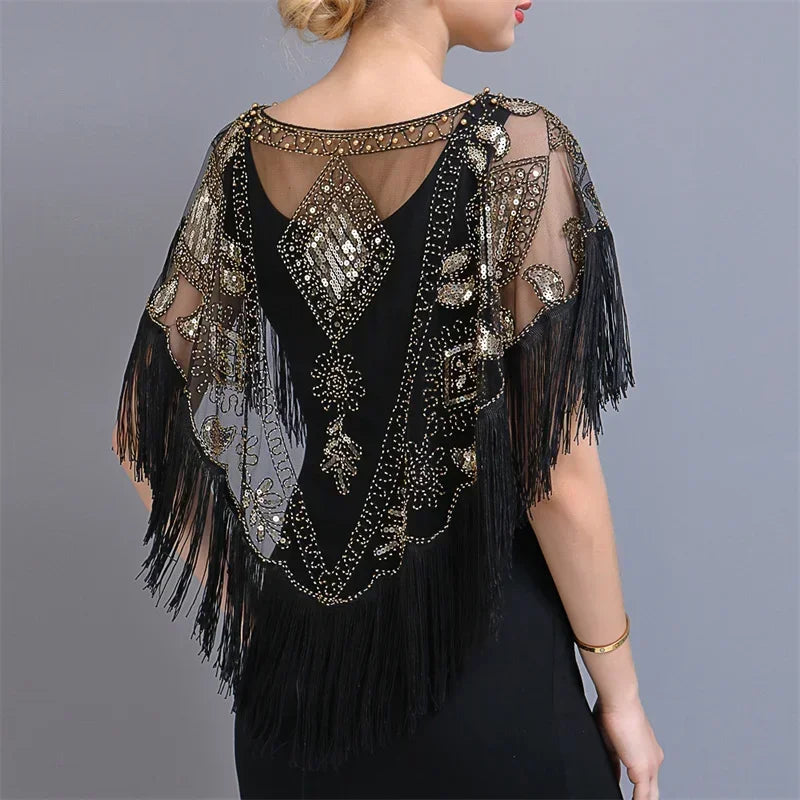 Sequins Tassels Poncho Women Coat Party Outfits Cape Mesh Jacket Ladies Cloak Shawls Outerwear Wraps Milanni Fashion