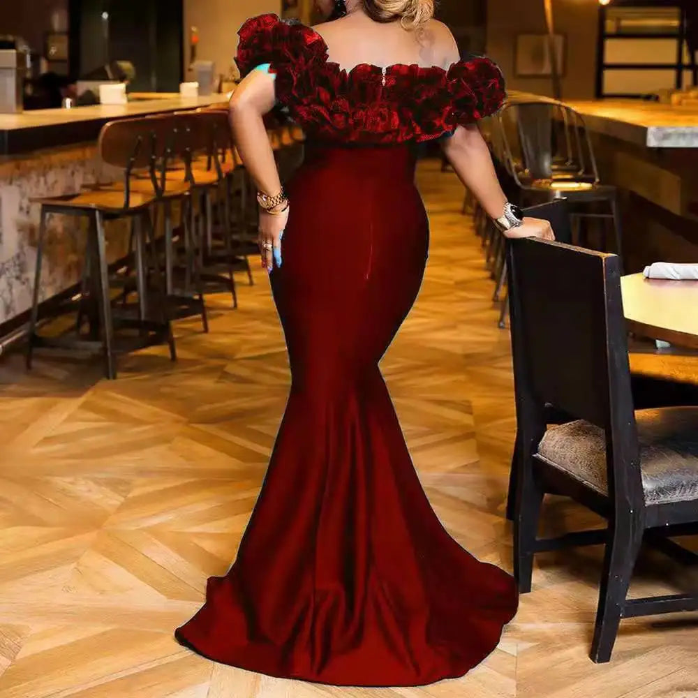 Ruffles Off The Shoulder Slim Fit Mermaid Dress Solid Color Elegant Evening Party Long Dress Maxi Dress Milanni Fashion wine red S 