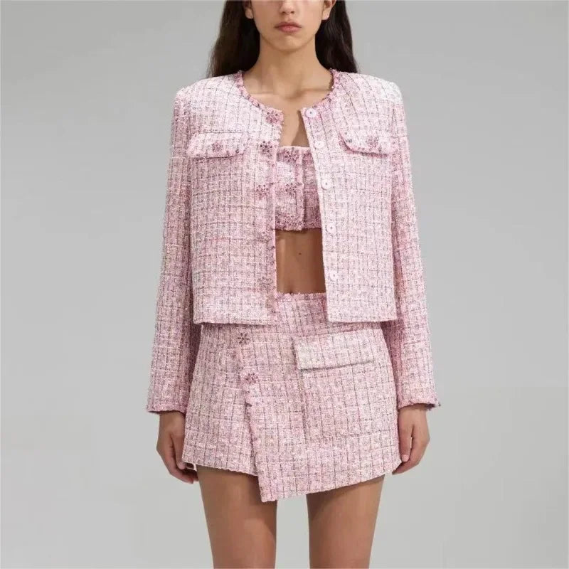 Early Spring Pink Tweed Short Crew Neck Diamonds Jacket And Shorts Set For Women Outerwear  Milanni Fashion set L 